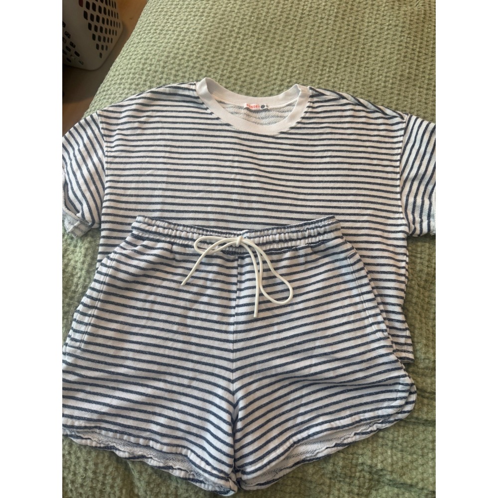 Sundry Womens Striped French Terry Lounge Set Top(XS)and Shorts(S) Navy White